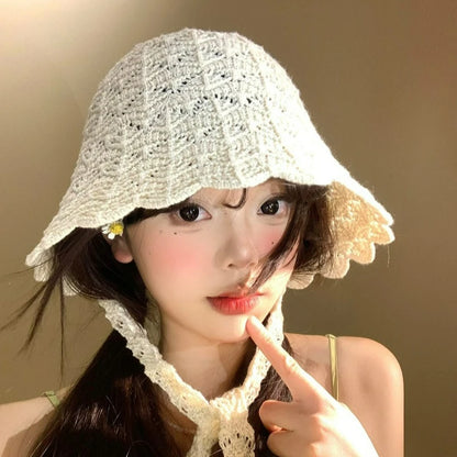 2026 Korean Version Ins Solid Color Knitted Hollowed Bucket Hat