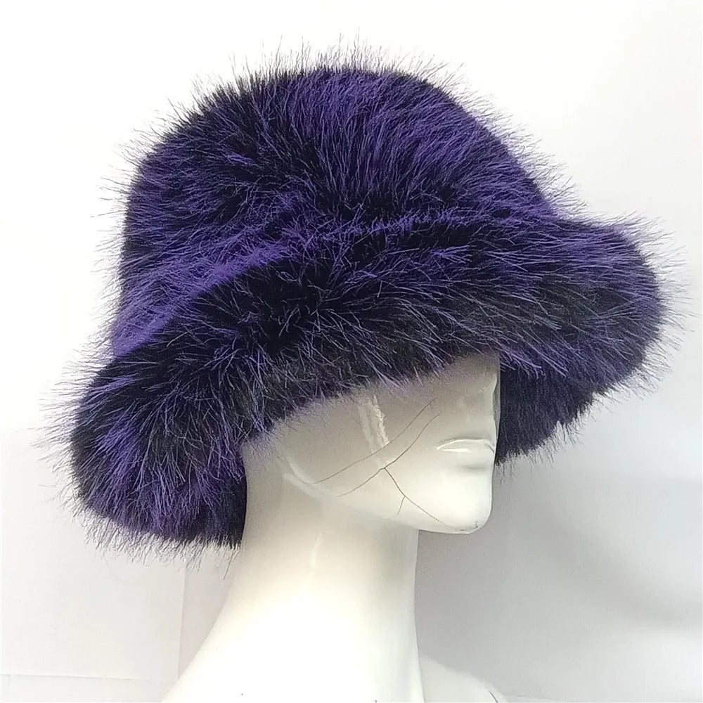 New Luxury Warm Faux Fur Bucket Hats Women