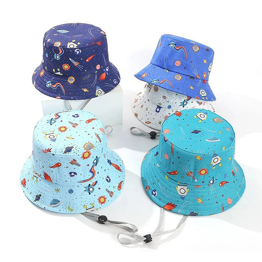 Kids Summer Sun Protection Cap Spaceship Planet Print Bucket Hat