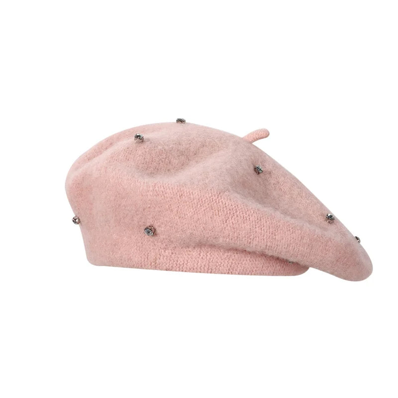 Rhinestone Women Beret Hat Autumn Winter Vintage French Artist Cap