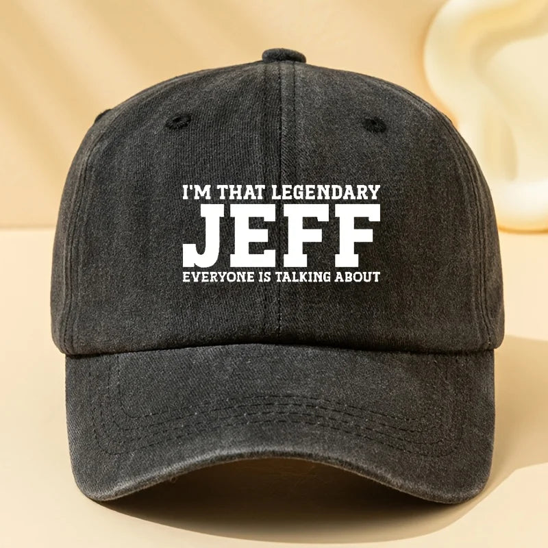 Jeff Letter Printed Washed Baseball Cap with  for Outdoor Vacation, Camping