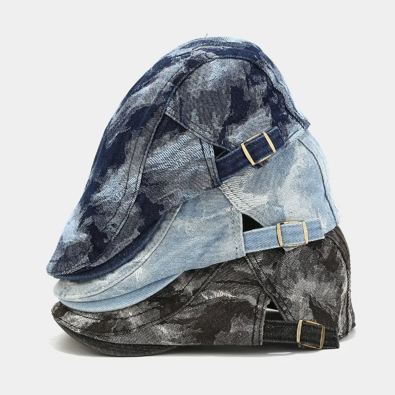 Vintage Tie Dye Washed Denim Flat Cap
