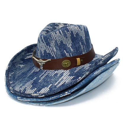 Western Blue Cowboy Hats Washed Denim Unisex Wide Curl Brim Jazz Hat