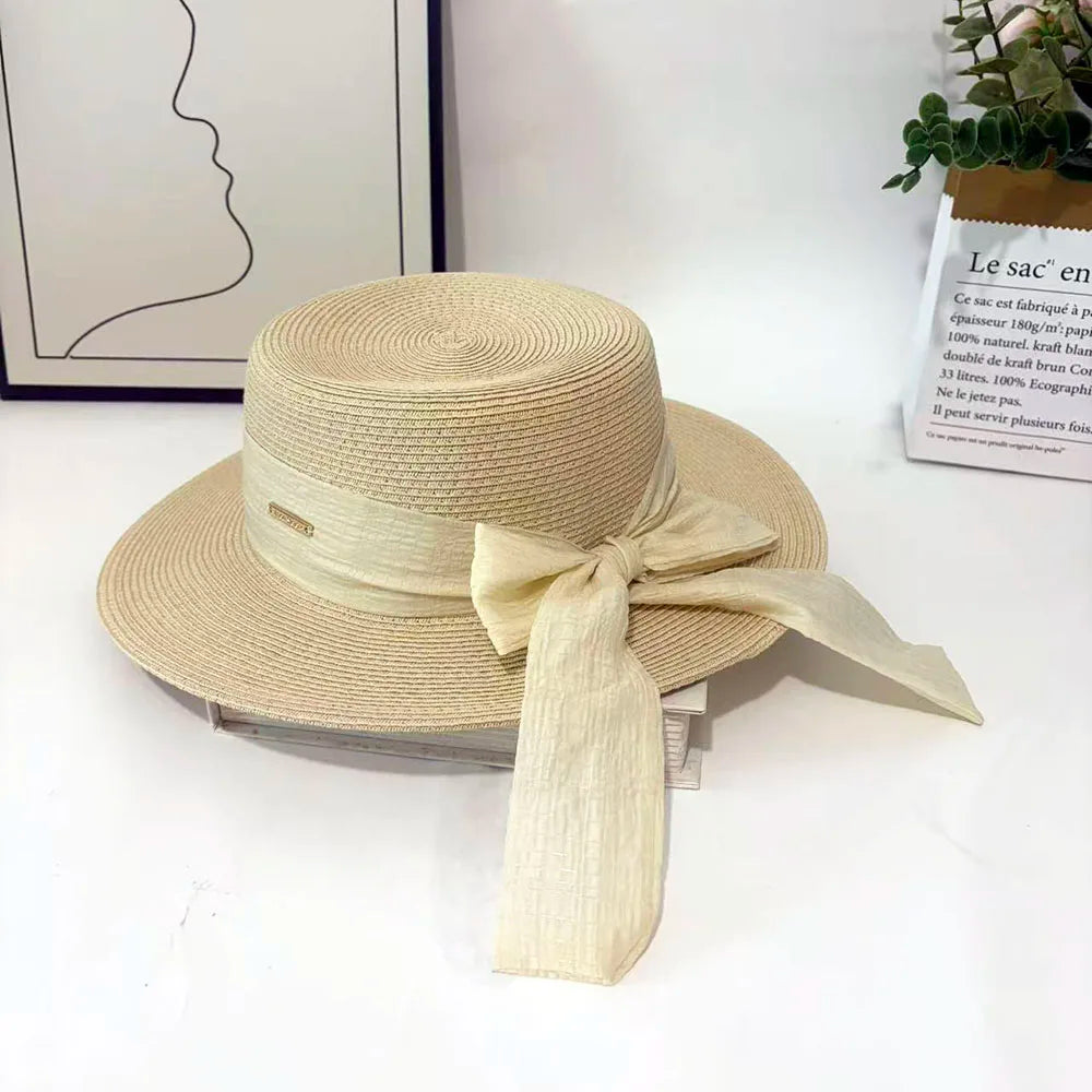 Bow Ribbon Flat Top Straw Hat For Women Summer Woven Straw Sun Hat