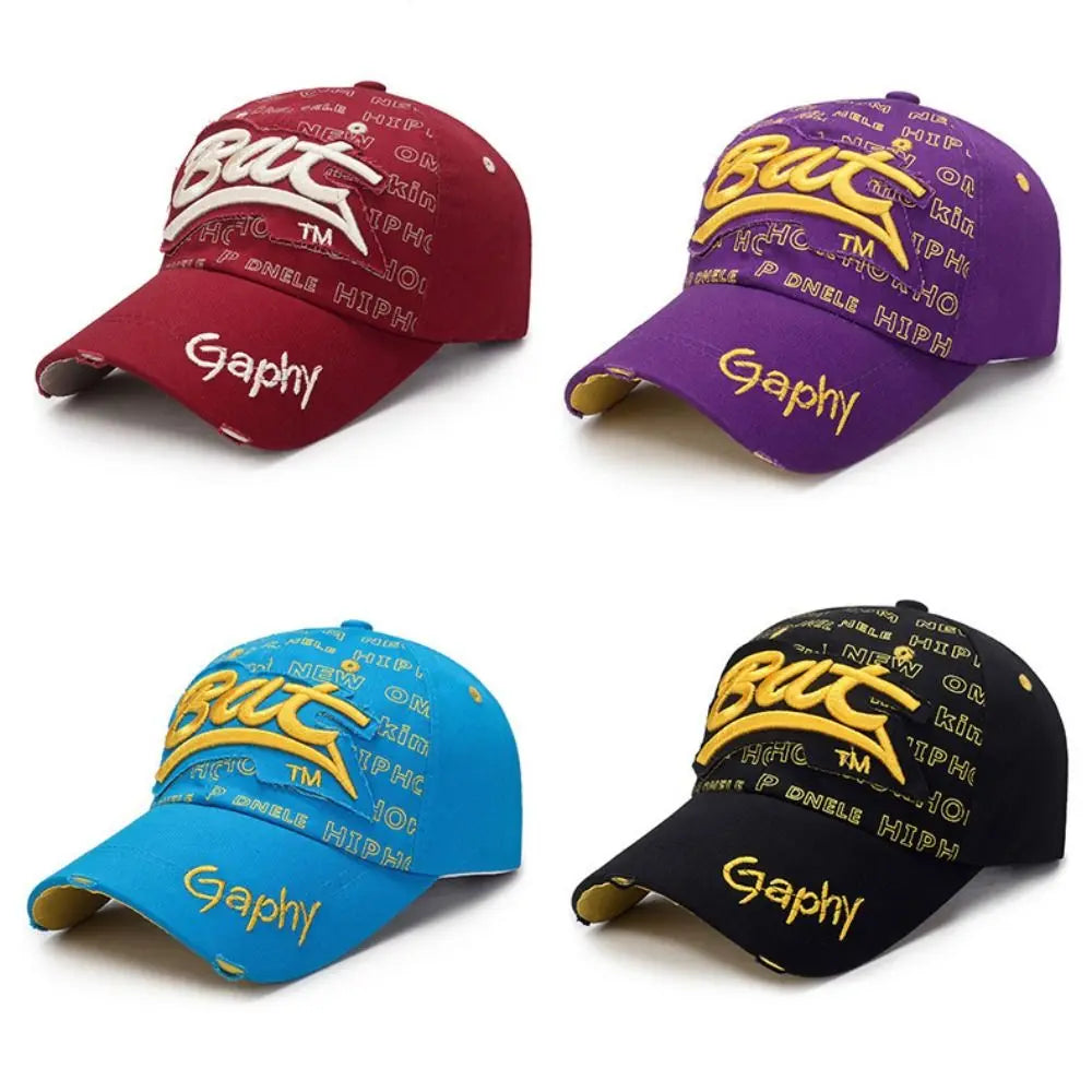 Versatile Broken Hole BAT Embroidery Adjustable Peaked Cap Casual Sunscreen Hats Outdoor Sports