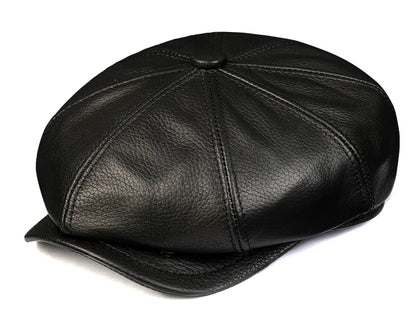 Leather Hat Beret Men Autumn British Retro Cowhide Octagonal Hat