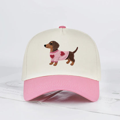 Cute Dachshund Heart-Print Color-Block Baseball Cap