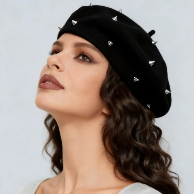Punk Style Round Hollow Rivet Beret For Women