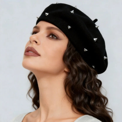 Punk Style Round Hollow Rivet Beret For Women