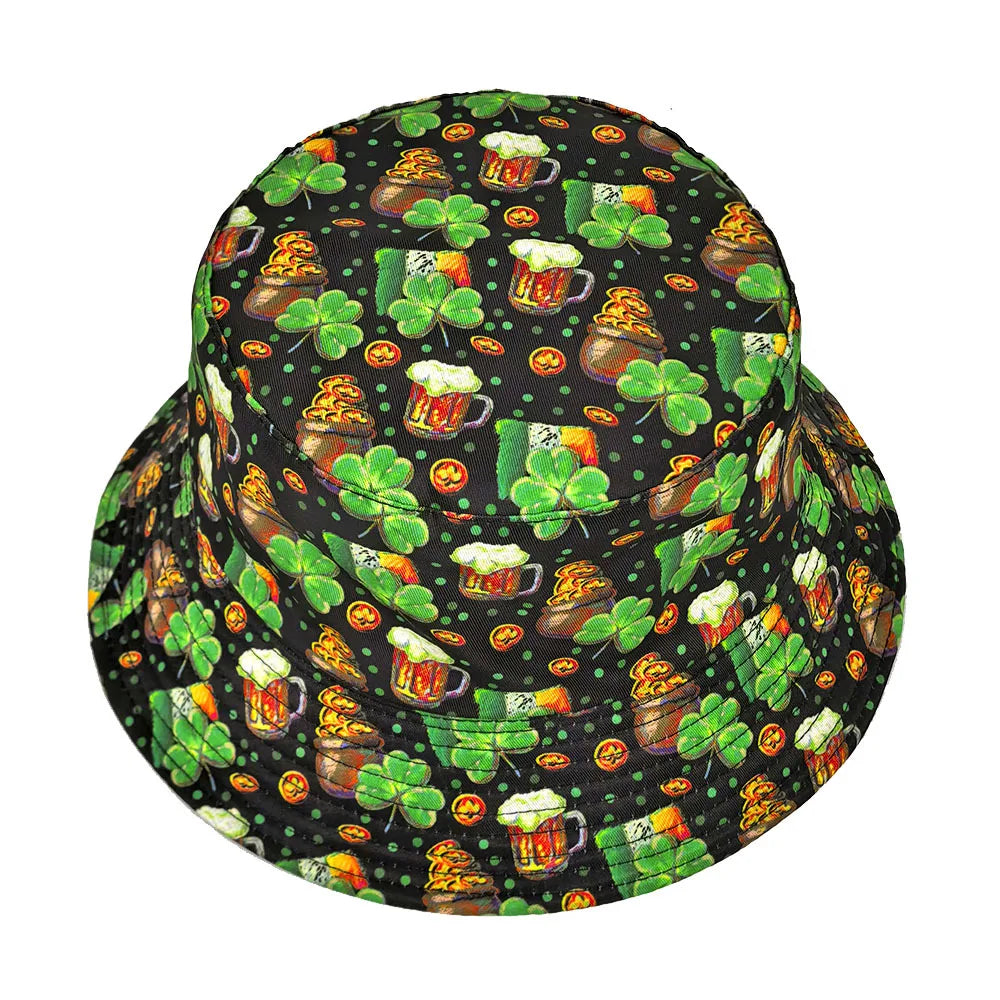 St. Patrick's Day Beer Green Clover Print Bucket Hats