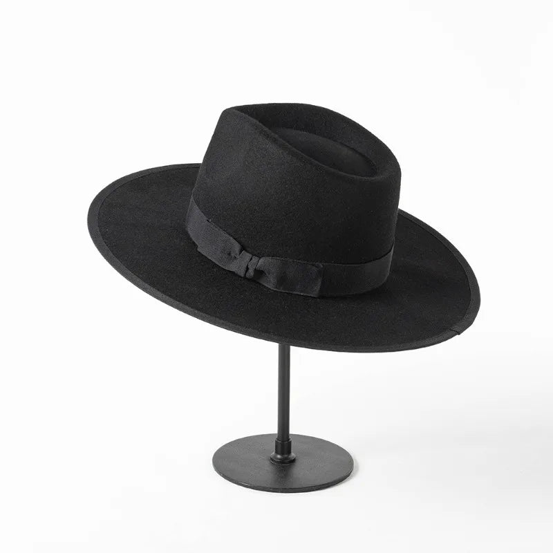 New British 100% Wool Fedoras Hat Women Retro Jazz Top Bow Felt Hat Men