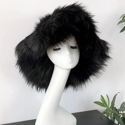 Luxury Fluffy Women Faux Fur Bucket Hats Oversized 17cm Wide Brim