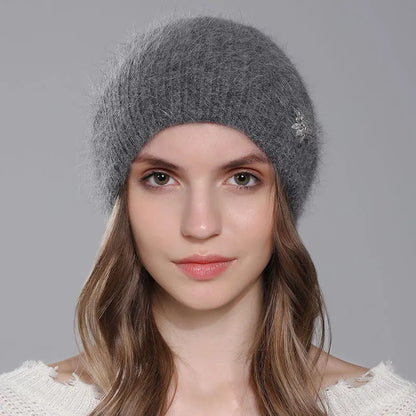 Women Winter Warm Fashion With Diamond Flower Beanies Knitted Angora Long Rabbit Fur Hats