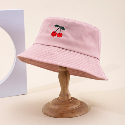 Korean Version Simple Solid Color Embroidered Cherry Wide Brimmed Fisherman Hat For Daily Sun  Hat