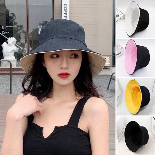 Double-Sided Bucket Hat for Women Men Summer Wide-brim Fisherman Cap