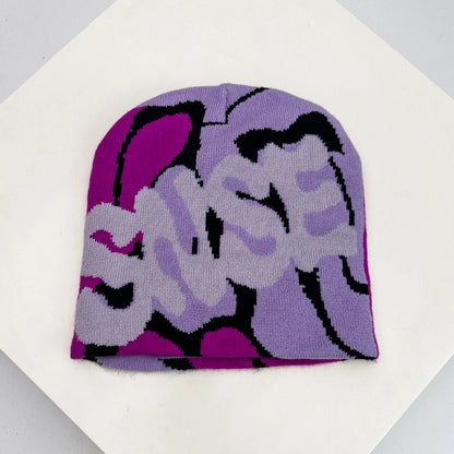 Letter Wool Knitted Hats Color Block Warm Personal Beanies