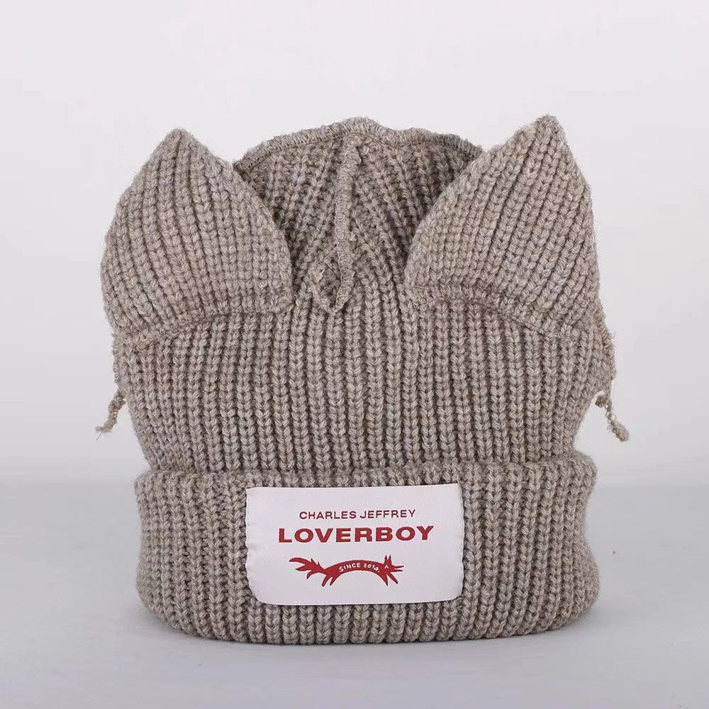 Lover Boy Cat Ear Knit Hat Solid Warm Pig Ear Woolen Hat