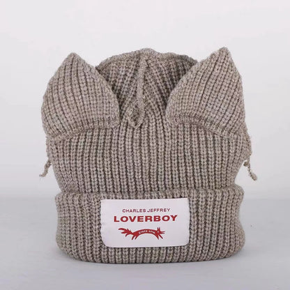 Lover Boy Cat Ear Knit Hat Solid Warm Pig Ear Woolen Hat