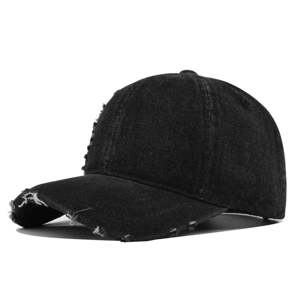 Ripped Brim Denim Baseball Cap Hole Adjustable Distressed Peaked Cap