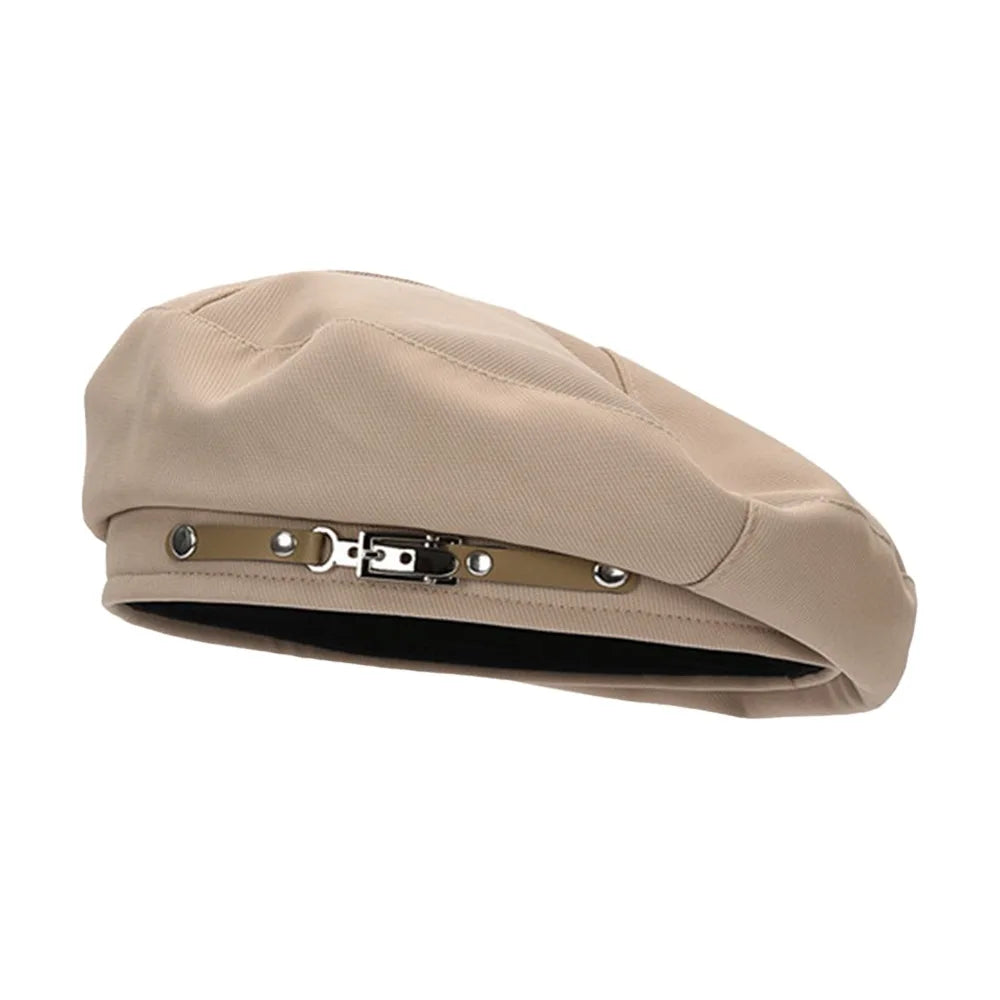 Retro Metal Buckle Retro Beret Cap Solid Color Warm Women Beret