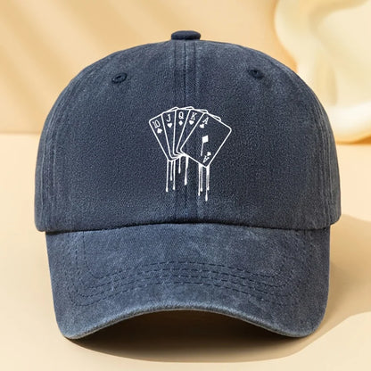 Poker Card Printed Washed Baseball Cap for Vacation, Travel, Camping and Leisure