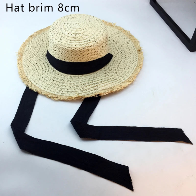Summer Raffia Women Long Ribbon Wide Brim Beach Hat
