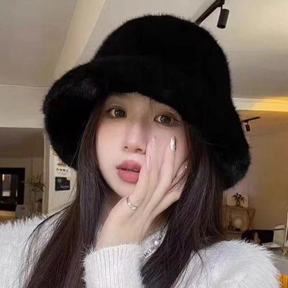 Winter Windproof Warm Women's Fashion Solid Color Plush Hat Bucket Cap Fluffy Fisherman's Hat