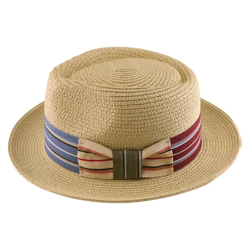 New Fedora Straw Hat With Wide Striped Band, Woven Sun Hat