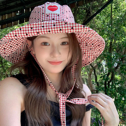 Black Heart Plaid Fisherman Hat For Women