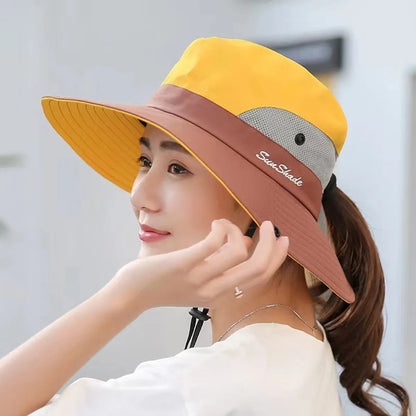 Women Large Brim With Leaking Ponytail Quick Drying Bucket Hats