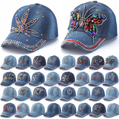 Baseball Cap Denim Distressed Rhinestone Bling Sparkle Hip Hop Hat