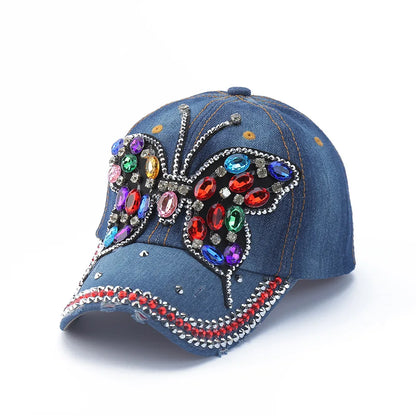 Baseball Cap Denim Distressed Rhinestone Bling Sparkle Hip Hop Hat