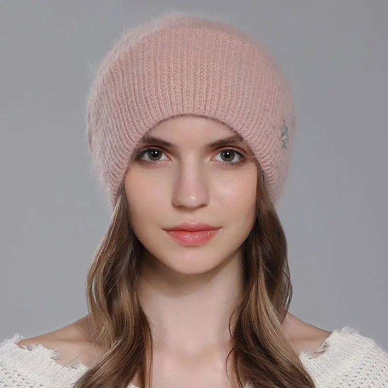 Women Winter Warm Fashion With Diamond Flower Beanies Knitted Angora Long Rabbit Fur Hats