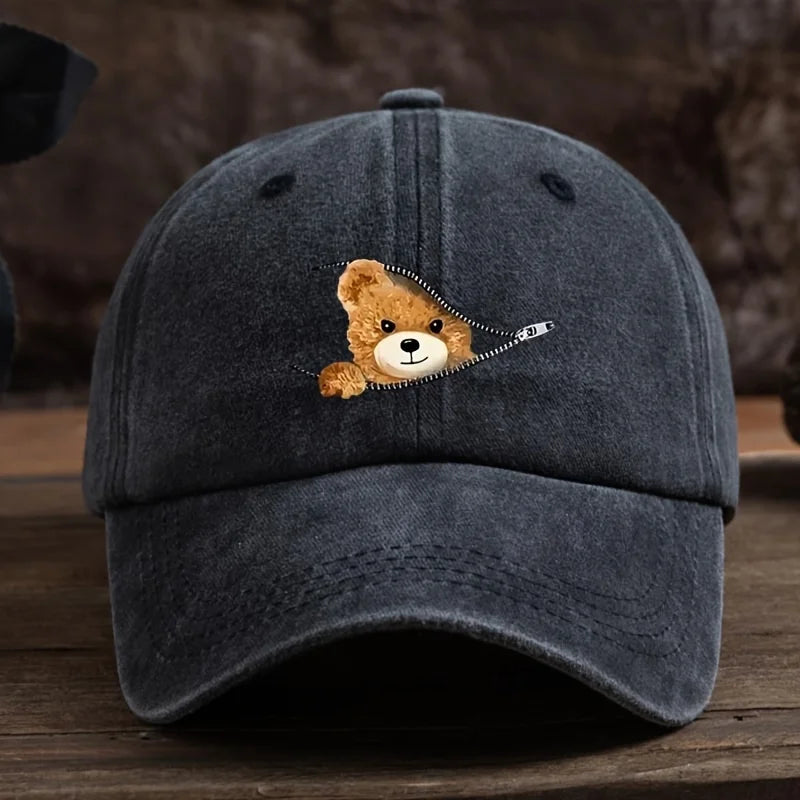 Zippered Bear Print Baseball Cap, Outdoor Sun Protection Cap Machine Washable Baseball Cap