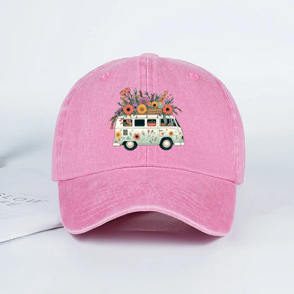 Vintage Floral Van Print Washed Baseball Cap