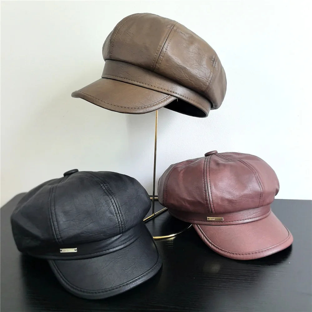 Pu Leather Beret Hat With Metal Logo Korean Retro British Painter